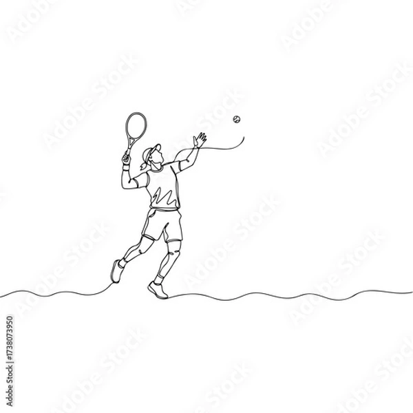 Fototapeta Tennis player serving ball in continuous line art illustration