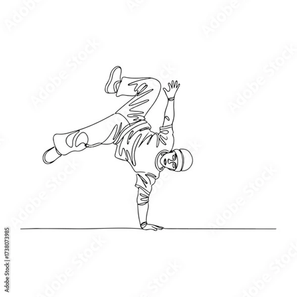 Fototapeta Breakdancer performing one-hand stand in continuous line art