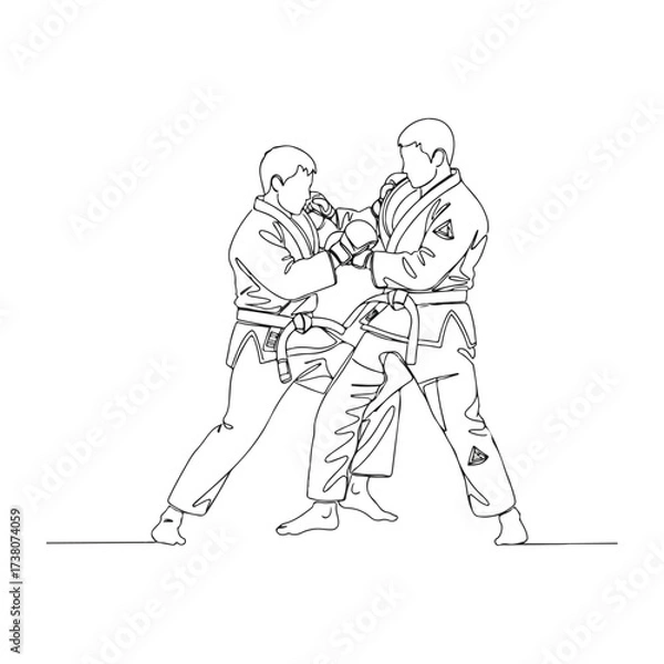 Fototapeta Two judo athletes practicing grappling techniques in training session