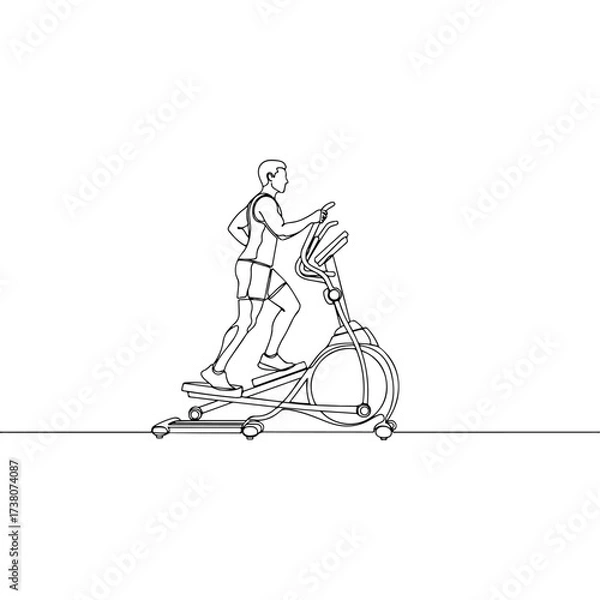 Fototapeta Man exercising on elliptical machine, line art on white background