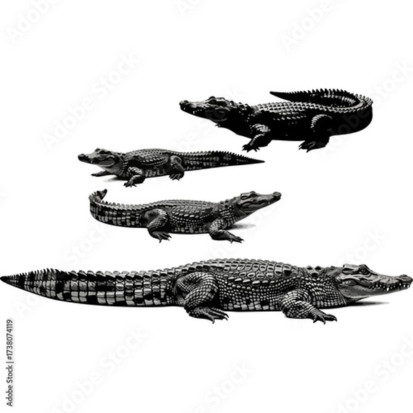 Fototapeta Four crocodiles isolated on white background, different sizes and poses