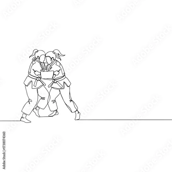 Fototapeta Two judo athletes grappling in continuous line art on white