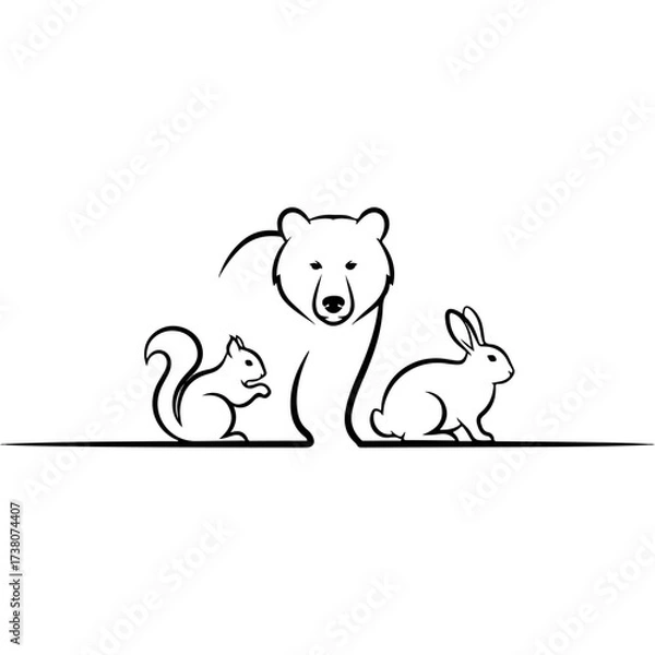 Fototapeta Line art of bear, squirrel, and rabbit on white background