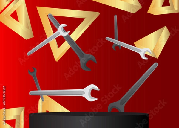 Fototapeta Mockup product display with  Wrench. Vector cylinder pedestal podium. Stage showcase for presentation. Minimal geometric forms.