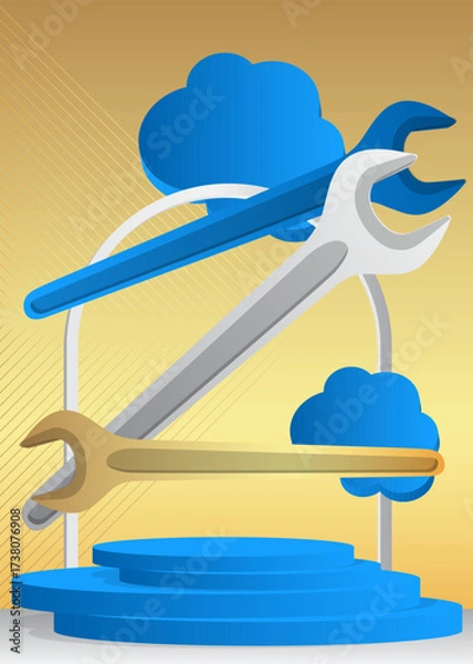 Fototapeta Mockup product display with  Wrench. Vector cylinder pedestal podium. Stage showcase for presentation. Minimal geometric forms.