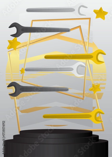 Fototapeta Mockup product display with  Wrench. Vector cylinder pedestal podium. Stage showcase for presentation. Minimal geometric forms.