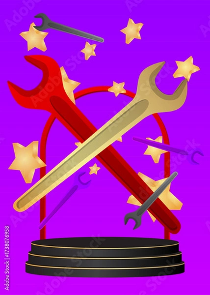 Fototapeta Mockup product display with  Wrench. Vector cylinder pedestal podium. Stage showcase for presentation. Minimal geometric forms.