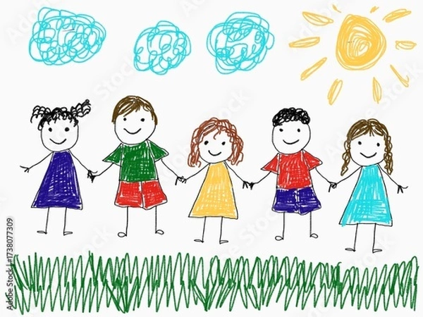Obraz Children together in summer day walking hold each other hands happy funny drawing like child 