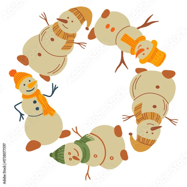 Fototapeta Round Christmas frame of cute snowmen isolated on a white background. Vector illustration. Perfect for cards, invitations, decorations, and flyers.