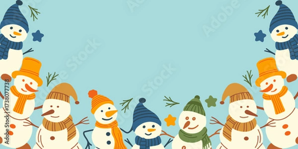 Fototapeta Christmas and New Year background with snowmen. Cute snowmen enjoying the winter holidays. Vector illustration of snowmen wearing scarves and hats in flat style. Greeting card template.