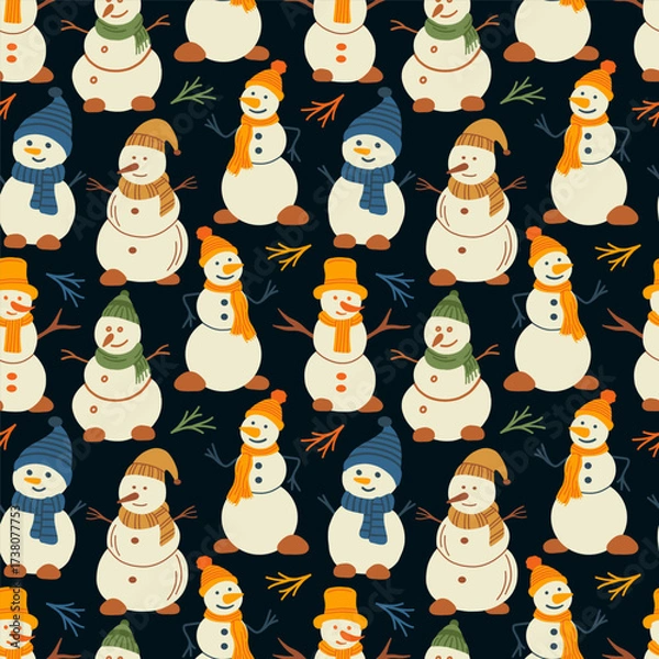 Fototapeta Cute snowmen seamless vector pattern. Perfect for textile, wallpaper or print design.