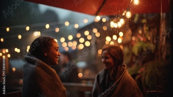 Fototapeta courtyard in drizzle, string lights bokeh, cozy blankets, candid smiles 