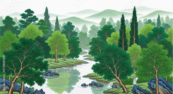 Obraz Serene forest landscape with a winding river and lush green trees casting reflections, perfect for nature lovers and outdoor enthusiasts