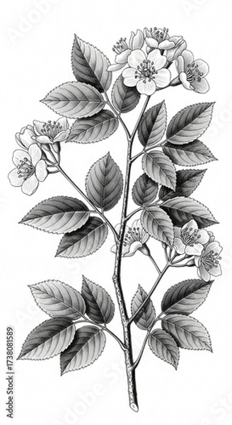Fototapeta Detailed botanical drawing of a blossoming branch with delicate white flowers and textured leaves, perfect for elegant designs and timeless creations