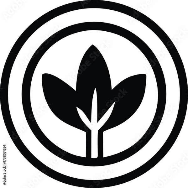 Fototapeta Circular emblem featuring a stylized black leaf emblem within concentric rings symbolizing growth and nature