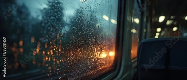 Fototapeta digital nomad train window reflection, rainy glass, warm screen glow, moody 