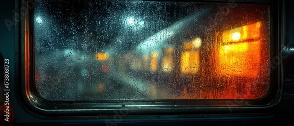 Fototapeta digital nomad train window reflection, rainy glass, warm screen glow, moody