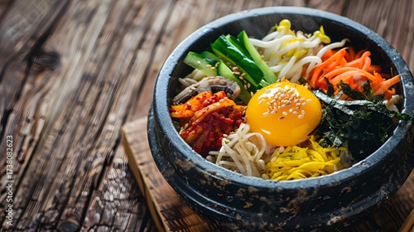 Obraz Bibimbap: Korean Traditional Mixed Rice Dish with Steamed Rice, Marinated Beef, Colorful Veggies (Spinach, Bean Sprouts, Carrots), Fried Egg, Gochujang & Sesame Oil—Stir-to-Mix for Savory-Spicy Comfor