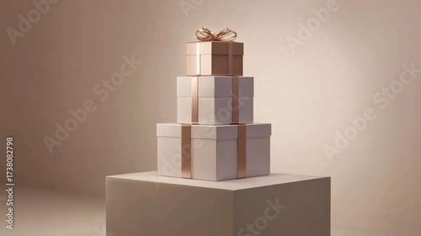 Fototapeta gift tower on neutral pedestal, soft gradient backdrop, hero lighting, copy zone 