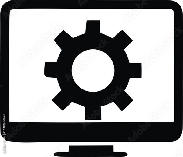 Fototapeta Computer monitor displaying gear icon for settings system configuration and technical support service concepts