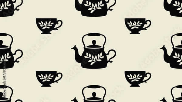 Fototapeta Elegant seamless pattern featuring black teapots and cups with delicate leaf designs, perfect for adding a touch of charm to any project or product