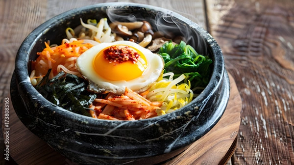 Obraz Bibimbap: Korean Traditional Mixed Rice Dish with Steamed Rice, Marinated Beef, Colorful Veggies (Spinach, Bean Sprouts, Carrots), Fried Egg, Gochujang & Sesame Oil—Stir-to-Mix for Savory-Spicy Comfor