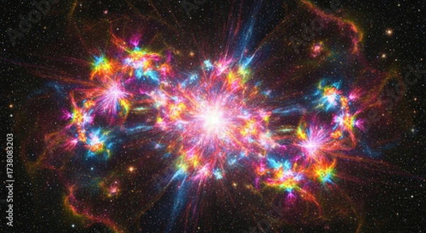 Obraz Vibrant cosmic nebula explodes with dazzling rainbow colors against a starry night sky, evoking wonder and infinite possibility.