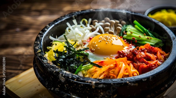 Obraz Bibimbap: Korean Traditional Mixed Rice Dish with Steamed Rice, Marinated Beef, Colorful Veggies (Spinach, Bean Sprouts, Carrots), Fried Egg, Gochujang & Sesame Oil—Stir-to-Mix for Savory-Spicy Comfor