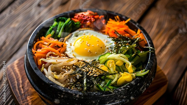 Obraz Bibimbap: Korean Traditional Mixed Rice Dish with Steamed Rice, Marinated Beef, Colorful Veggies (Spinach, Bean Sprouts, Carrots), Fried Egg, Gochujang & Sesame Oil—Stir-to-Mix for Savory-Spicy Comfor