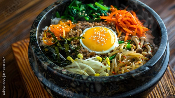 Obraz Bibimbap: Korean Traditional Mixed Rice Dish with Steamed Rice, Marinated Beef, Colorful Veggies (Spinach, Bean Sprouts, Carrots), Fried Egg, Gochujang & Sesame Oil—Stir-to-Mix for Savory-Spicy Comfor