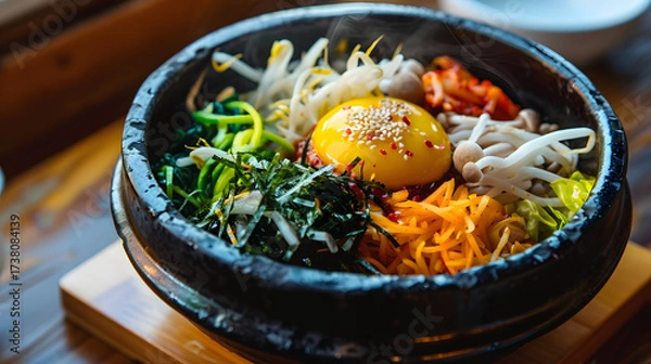 Obraz Bibimbap: Korean Traditional Mixed Rice Dish with Steamed Rice, Marinated Beef, Colorful Veggies (Spinach, Bean Sprouts, Carrots), Fried Egg, Gochujang & Sesame Oil—Stir-to-Mix for Savory-Spicy Comfor