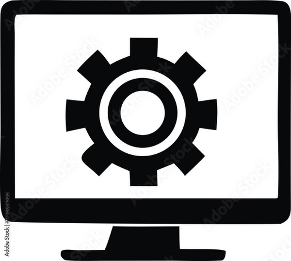 Fototapeta Computer monitor displaying cogwheel gear symbol for technical settings system configuration and engineering concepts