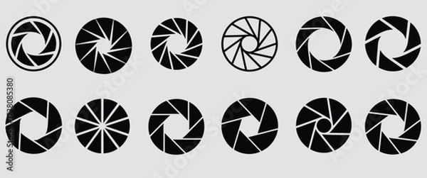 Fototapeta Vector icon set of camera lens apertures and shutter blades. A diverse collection of circular diaphragm graphics for photography, video, and design concepts