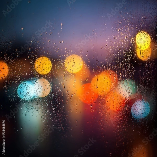 Fototapeta November background: wet glass macro bokeh, city lights, soft gradients, negative space, abstract wallpaper