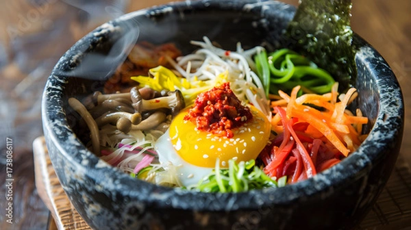 Obraz Bibimbap: Korean Traditional Mixed Rice Dish with Steamed Rice, Marinated Beef, Colorful Veggies (Spinach, Bean Sprouts, Carrots), Fried Egg, Gochujang & Sesame Oil—Stir-to-Mix for Savory-Spicy Comfor