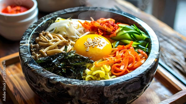 Obraz Bibimbap: Korean Traditional Mixed Rice Dish with Steamed Rice, Marinated Beef, Colorful Veggies (Spinach, Bean Sprouts, Carrots), Fried Egg, Gochujang & Sesame Oil—Stir-to-Mix for Savory-Spicy Comfor