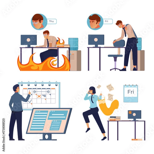 Fototapeta Stressed office worker overwhelmed with deadlines and tasks, burning the midnight oil to meet goals