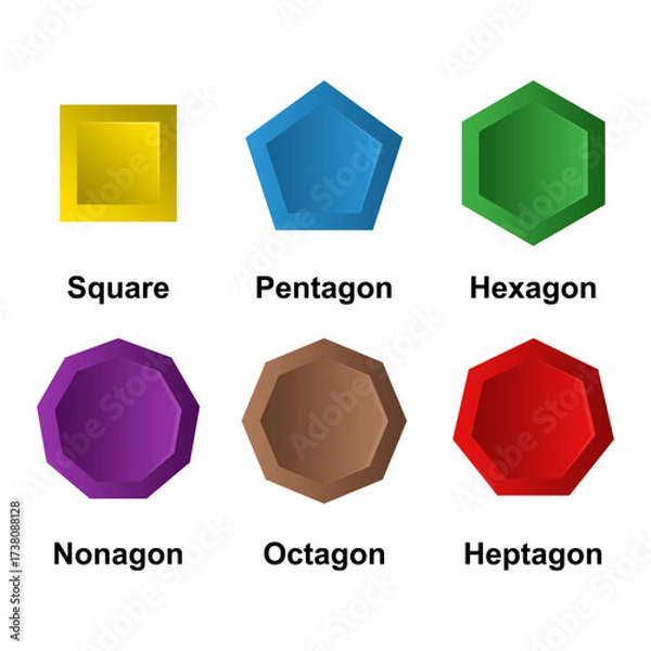 Fototapeta Colorful Geometric Shapes Vector Illustration with Labels Square Pentagon Hexagon Heptagon Octagon Nonagon, 3D Style Polygon Icons for Education, Math Learning, and Graphic Design