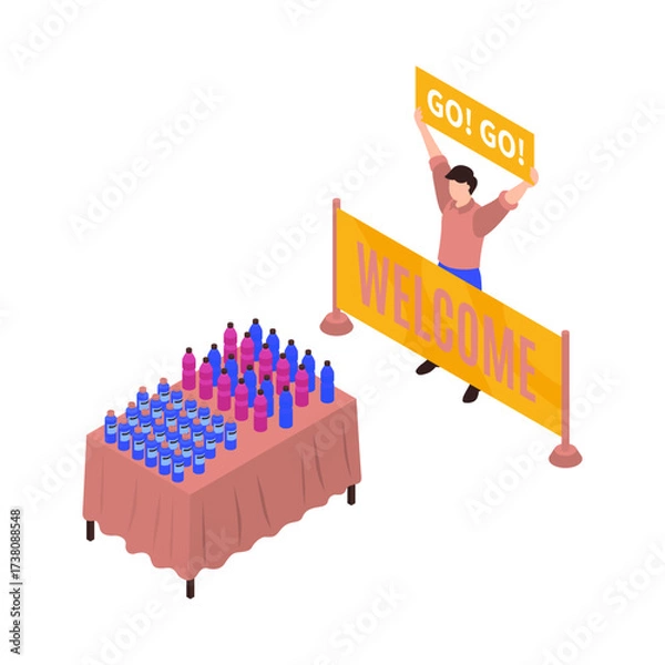 Fototapeta Man Holding 'GO! GO!' and 'WELCOME' Signs at an Event with Table of Drinks