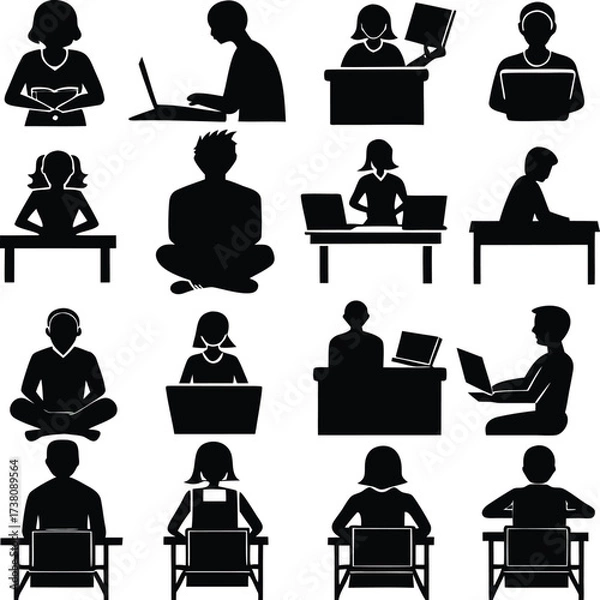 Fototapeta Diverse silhouettes of people working studying and relaxing with laptops books and desks in various poses