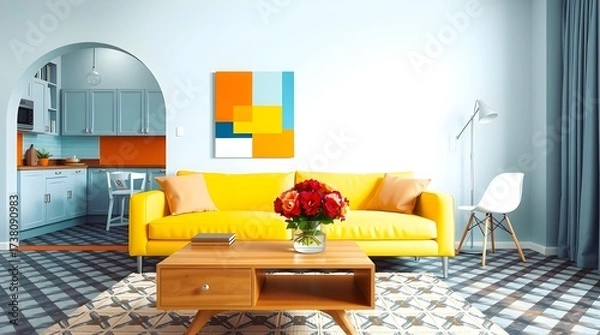 Fototapeta An integrated space with a yellow and orange living room connected by an arch to a vibrant blue kitchen. A modern and inviting contrast for residential spaces.