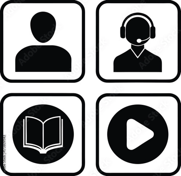 Fototapeta Four essential icons user support knowledge media play button icons representing customer service online learning and video content