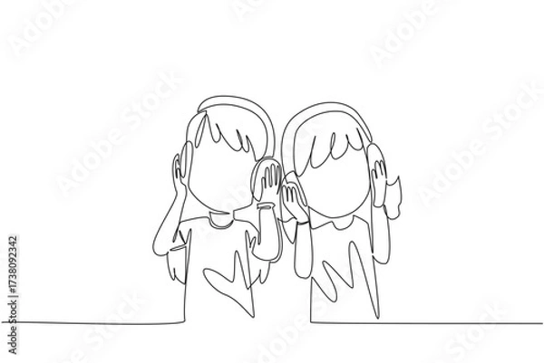 Fototapeta Single continuous line drawing two sisters wearing headphones and each holding a headphone. Share the joy with the favorite music. Swinging rhythm. Day of Brother. One line design vector illustration
