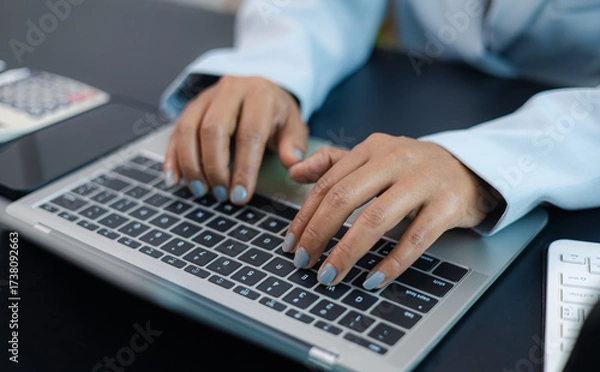 Fototapeta Businesswoman typing on laptop computer in modern office workspace