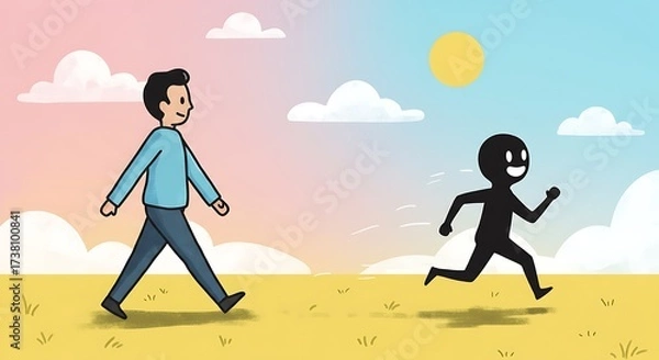 Obraz Man Walking Away From Shadow Figure Running Towards Him.