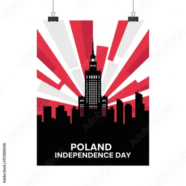 Fototapeta Poland skyline silhouette with abstract rays for Independence Day  