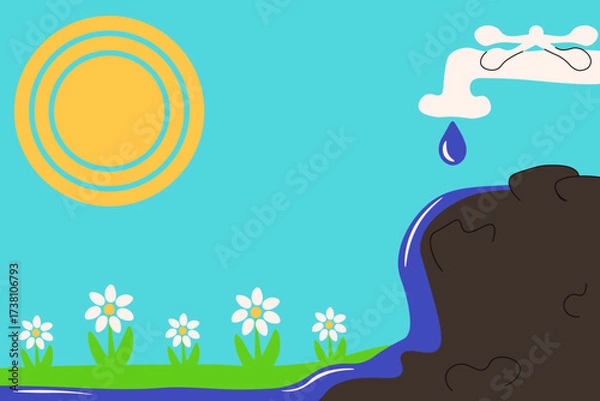 Fototapeta Modern Spring background with grass flowers and river from water faucet. Vector illustration of hand drawn kid Spring art with abstract landscape. Child Ecology concept. EPS 10