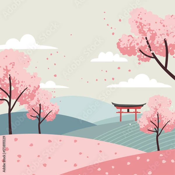 Fototapeta Beautiful Japanese Spring Landscape with Cherry Blossom Trees and Traditional Torii Gate