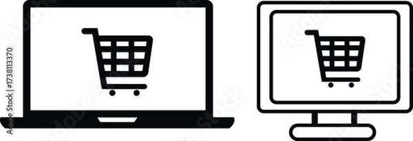 Fototapeta Black shopping cart icons displayed on a laptop and desktop computer screens in online shopping e-commerce