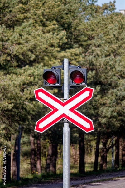 Fototapeta Small European Railway Signal with Signs Indicating 1 Track